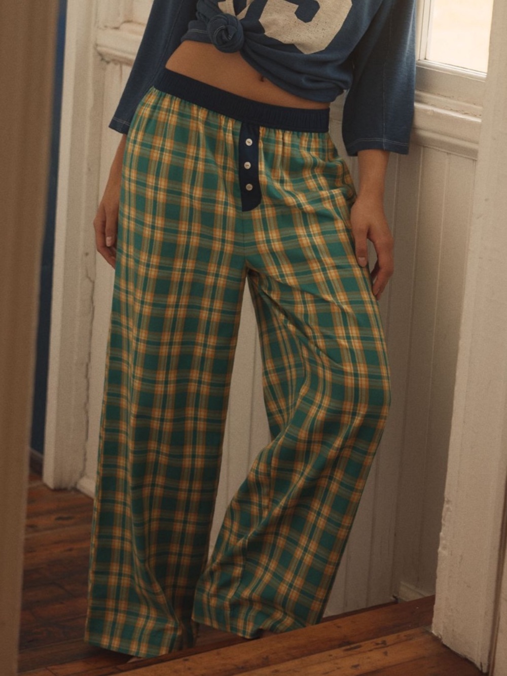 Anthropologie Wren Boxer Pants Flannel New Small Green Navy Plaid Small